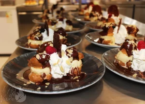 Profiteroles maison pour un menu de groupe avec glace vanille et chocolat chaud du restaurant gastronomique traditionnel L'Art de Vivre à Moosch dans le Haut-Rhin en Alsace